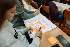 Grupa nastolatków siedzących w klasie przy drewnianych ławkach, pracujących na dużym arkuszu papieru z podziałem na cztery części i przyklejonymi karteczkami samoprzylepnymi. Na pierwszym planie dziewczyna o jasnej cerze i prostych, jasnobrązowych włosach pisze czerwonym markerem na pomarańczowej karteczce przyklejonej do plakatu. Na arkuszu widać nagłówki pól: „NIE WAŻNE”, „WAŻNE”, „PILNE”, „NIE PILNE”. Wokół są małe rysunki serduszek i mały rysunek czerwonego ptaka. Obok na ławce leży smartfon oraz dodatkowa pomarańczowa karteczka. W tle widać kolejne osoby siedzące w ławkach, jedna w bordowej bluzie, również pochylona nad papierem.