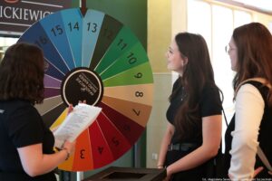 Duże, kolorowe koło losujące z ponumerowanymi polami (od 3 do 16). Na górze znajduje się czarna strzałka-wskazówka, ustawiona na polu „14”. Przy kole stoją trzy kobiety w pomieszczeniu. Po lewej kobieta z ciemnymi, kręconymi włosami, w czarnej bluzce, trzyma kilka kartek z wydrukowanym tekstem. Po prawej dwie kobiety zwrócone w stronę koła: jedna z długimi, ciemnobrązowymi włosami w czarnej sukience, druga z długimi rudymi włosami i okularami, ubrana w białą bluzkę i ciemną kamizelkę. W prawym dolnym rogu widoczny podpis: „fot. Magdalena Seredyńska / Uniwersytet Szczeciński”.