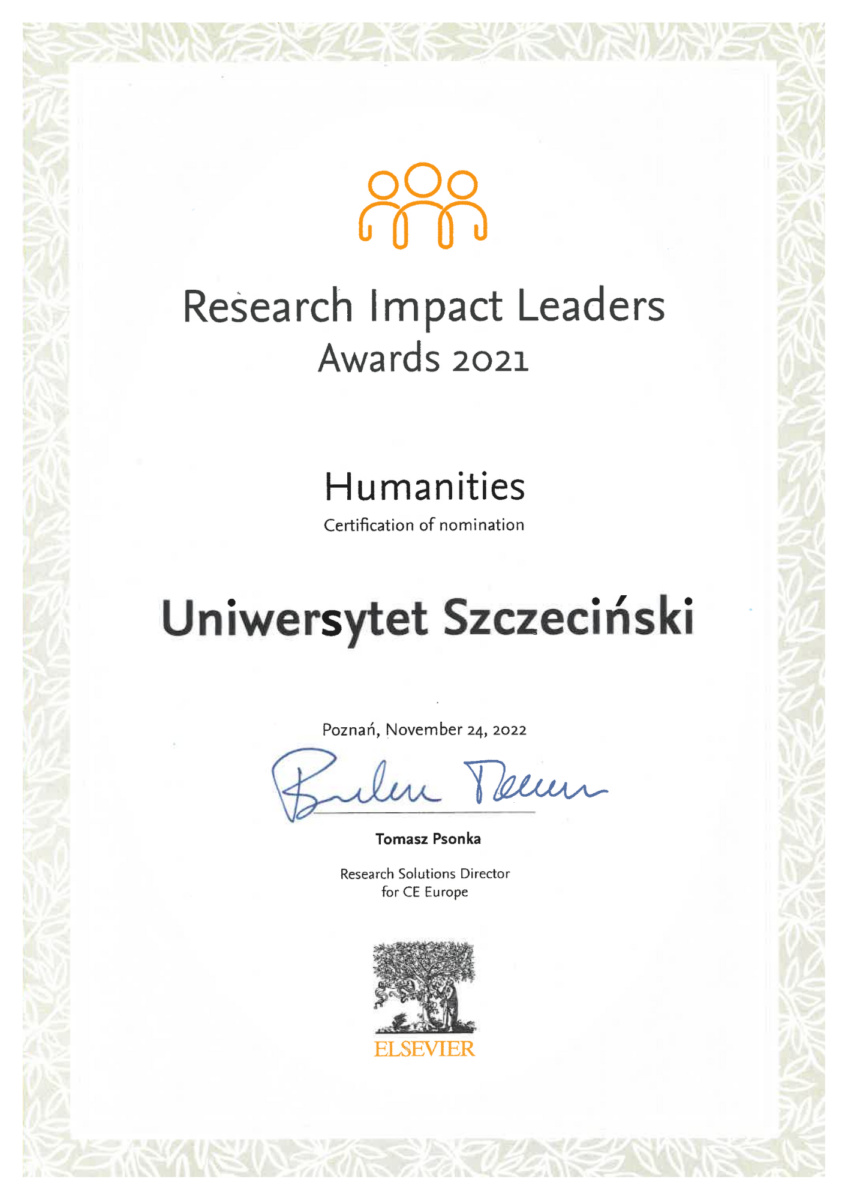 Wyróżnienie dla Uniwersytetu Szczecińskiego Elsevier Research Impact Leaders Award 2021 w kategorii humanities.